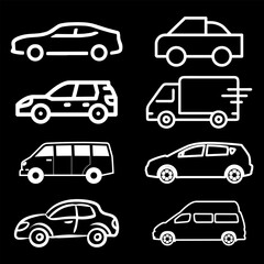 Transporttation vehicles automobile traffic of trasport car van truck White siluete side view pictograms icons outline set colletions vector flat design black background