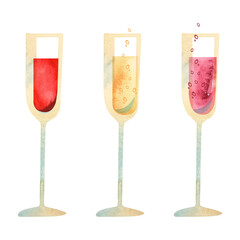 Three tall glasses with red, white and rose wine. Alcohol tasting. Winemaking. Isolated watercolor illustration