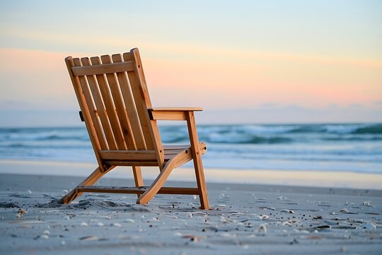A wooden Adirondack chair sits on a sandy beach, facing a calm ocean at sunset. Tranquil scene conveying peace and relaxation. Soft pastel colors dominate. - Powered by Adobe