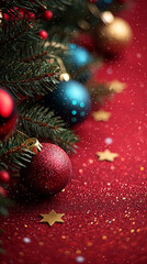 Festive Christmas Ornament Background  Red Glitter  Fir Branches   Baubles