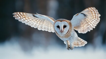 A white owl with brown eyes flies through the air