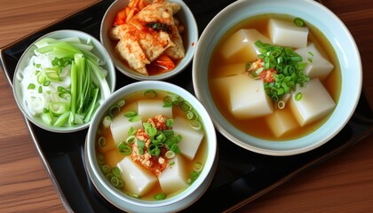 Traditional Korean Rice Cake Soup with Garnishes and Side Dishes in Bowls