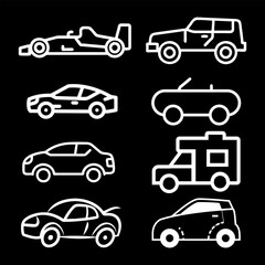 Transporttation vehicles automobile traffic of trasport car van truck White siluete side view pictograms icons outline set colletions vector flat design black background