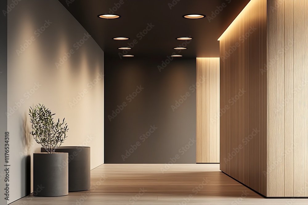 Poster Minimalistic Modern Hallway with Soft Lighting and Wooden Panels : Generative AI