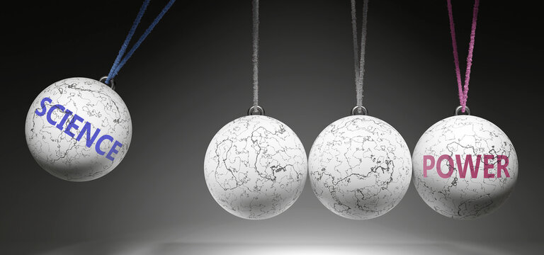 Science and Power - cause and effect relationship. A Newton cradle metaphor showing how science results in power. It initiates power. ,3d illustration