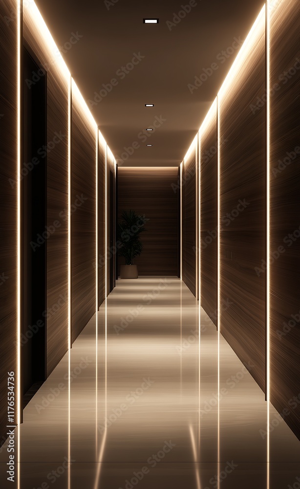 Poster modern luxury hallway with ambient lighting and reflective floor design : generative ai