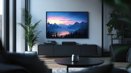 Fototapeta premium a living room with a tv and a plant