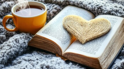 Open book with heart-shaped pages, placed on a fluffy blanket near a steaming cup of tea, evoking feelings of comfort and relaxation.
