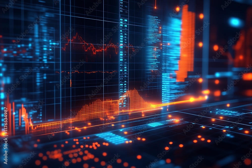 Fototapete Futuristic Financial Data Visualization with Dynamic Digital Graphs : Generative AI
