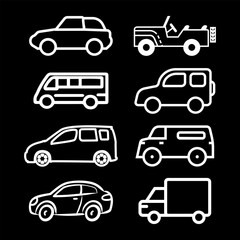 Transporttation vehicles automobile traffic of trasport car van truck White siluete side view pictograms icons outline set colletions vector flat design black background