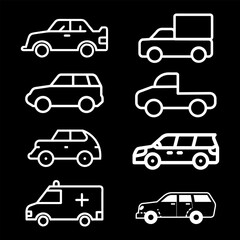 Transporttation vehicles automobile traffic of trasport car van truck White siluete side view pictograms icons outline set colletions vector flat design black background