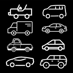 Transporttation vehicles automobile traffic of trasport car van truck White siluete side view pictograms icons outline set colletions vector flat design black background