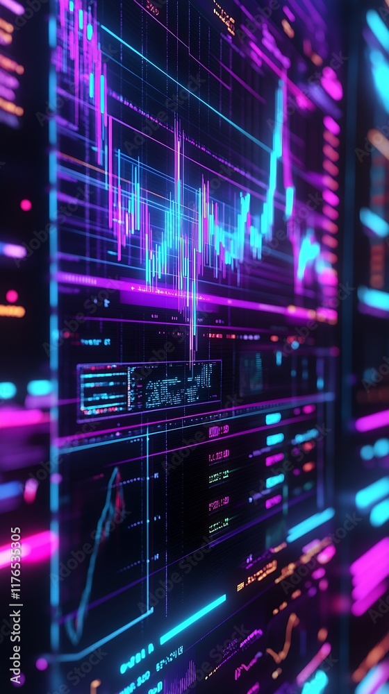 Poster Vibrant Digital Stock Market Graphs in Futuristic Neon Design with Data Visualization : Generative AI