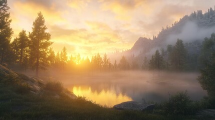 Fototapeta premium Soft golden rays illuminate a tranquil mountain scene, as the sunrise peeks through misty clouds over a serene forested valley