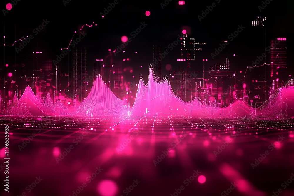 Poster vibrant digital cityscape with bright pink data visualization and glowing elements : generative ai