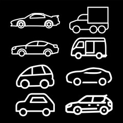 Transporttation vehicles automobile traffic of trasport car van truck White siluete side view pictograms icons outline set colletions vector flat design black background