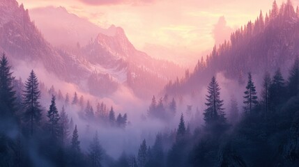 The ethereal beauty of the Bavarian Alps is captured in a foggy scene of rugged cliffs and dense forests under a pastel sunrise.