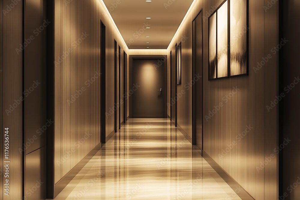 Poster elegant hotel hallway interior with minimalist design and warm tones creating cozy atmosphere : gene