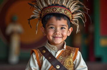 portrait of a boy dressed as a captivating local folklore character for a fancy-dress competition.