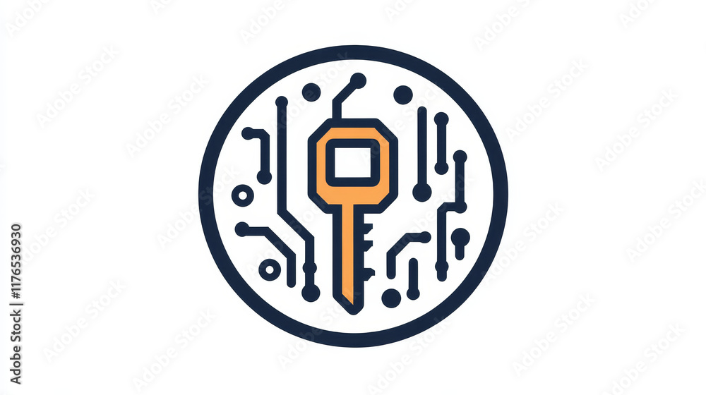 Poster cyber security icon key inside of microcircuit circle. vector emblem internet safety theme, informat