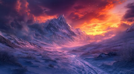 The frozen beauty of a winter mountain range under a colorful sunset sky, with icy trails leading into the distance