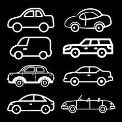 Transporttation vehicles automobile traffic of trasport car van truck White siluete side view pictograms icons outline set colletions vector flat design black background