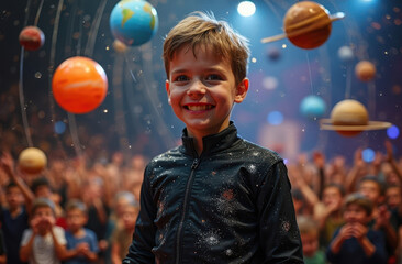  portrait of a boy aged 8-12, dressed as a solar system for a fancy dress competition