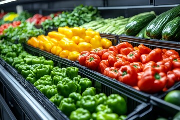 Obraz premium Colorful bell peppers displayed in store bins.