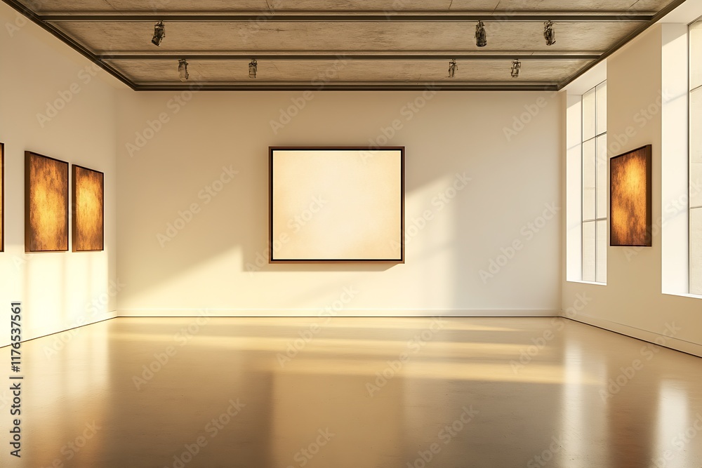 Poster modern art gallery with brightly lit empty picture frame on white walls : generative ai