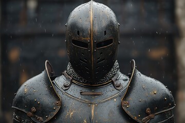 Rain-soaked medieval knight's armor.