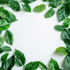 Fototapeta premium Vibrant Green Leaves Frame on White Background: Nature Photography