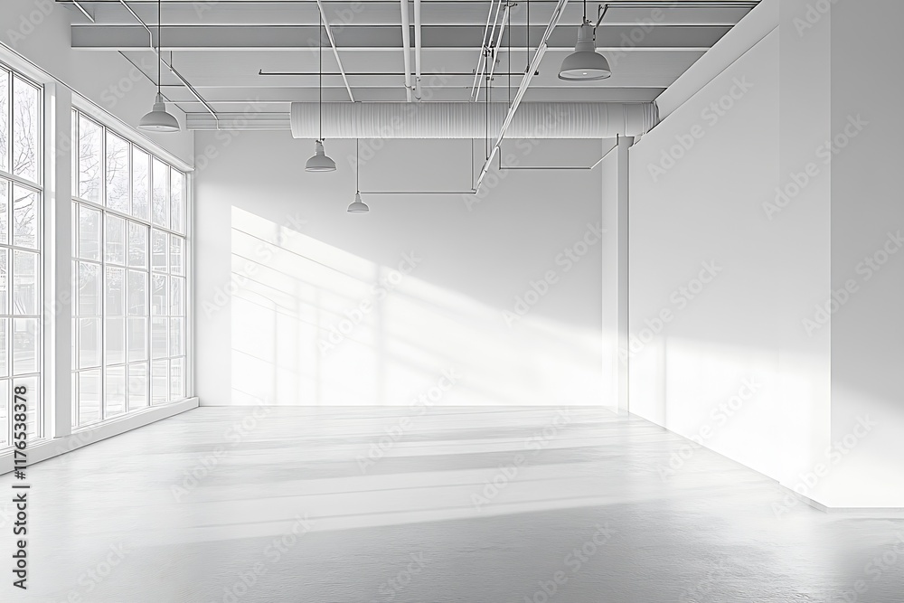 Poster bright spacious room with industrial design and large windows : generative ai