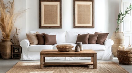 a living room with a white couch and a coffee table