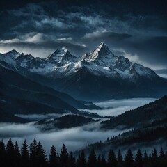 Obraz premium A mystical scene of mountains shrouded in clouds, with the peaks glinting in the moonlight.