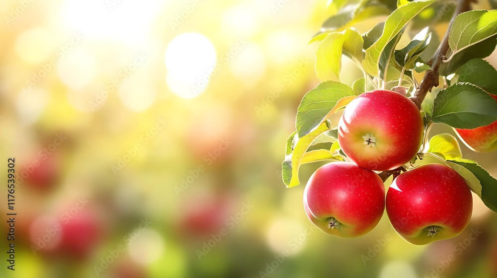 Poster Sunlit Apples on Tree Branch with Natural Light Creating a Warm Harvest Atmosphere : Generative AI