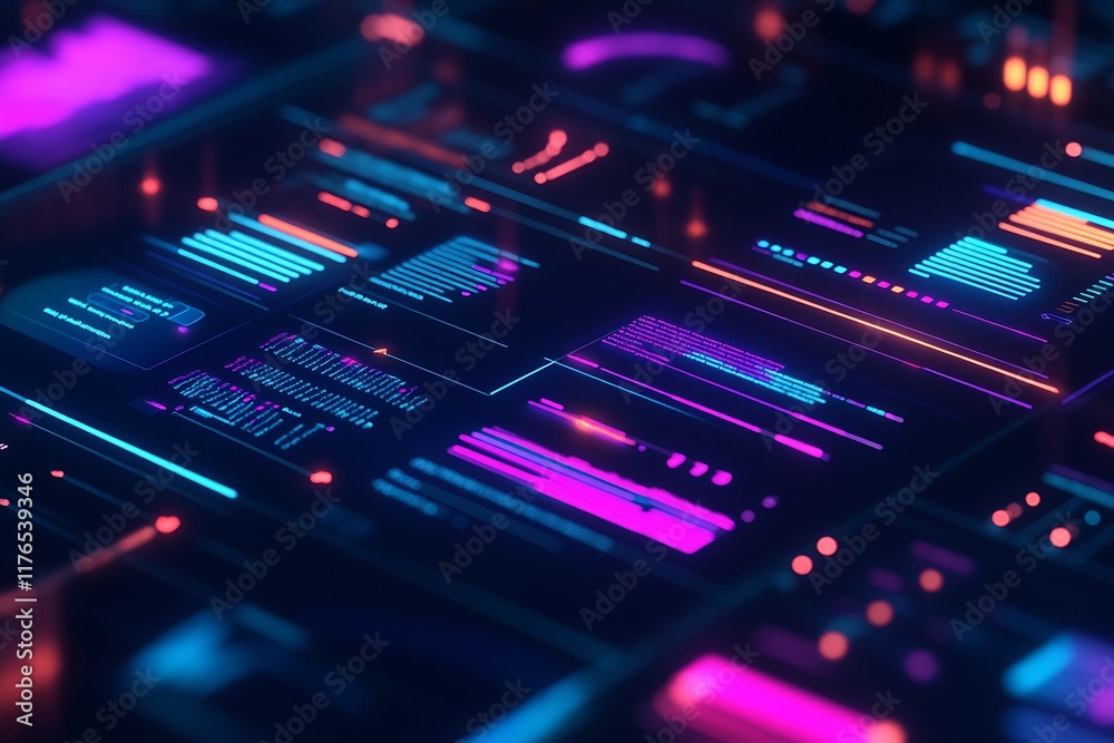 Poster Futuristic Digital Interface with Neon Lights and Data Visualization Elements : Generative AI