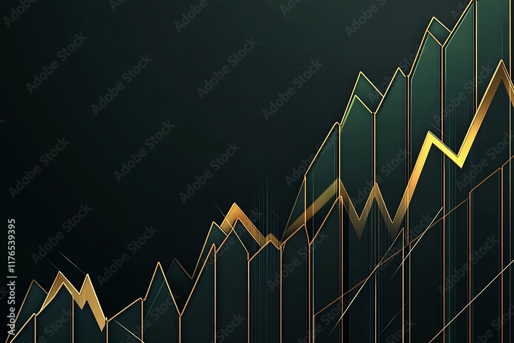 Poster abstract gold and green zigzag financial graph rising on dark background : generative ai