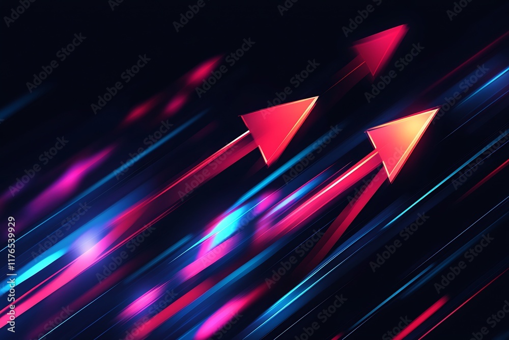 Poster Vibrant Abstract Arrow Streaks in Motion Against Dark Background for Futuristic Technology Artwork : Generative AI