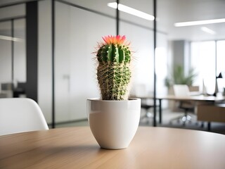 A blurred background of an empty, contemporary office space sets scene for a professional environment with clean lines and modern design. plant in a office. Cactus in office