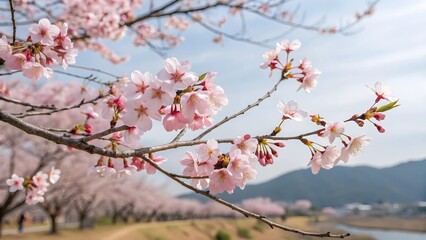 Obraz premium 桜吹雪、風に舞う桜の花の花吹雪