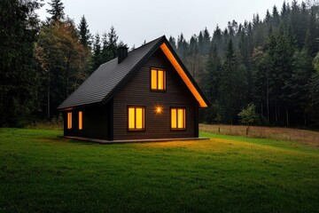 Obraz premium A cozy black cabin surrounded by lush trees, illuminated windows glowing warmly against a twilight sky, creating a tranquil atmosphere.