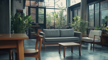 Obraz premium a living room with a couch, chair, table and plants