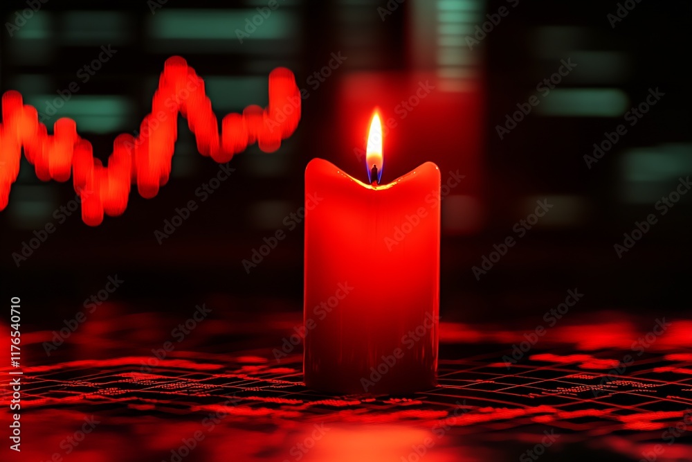 Poster Symbolic Red Candle Against Digital Background with Stock Market Graph Imagery : Generative AI