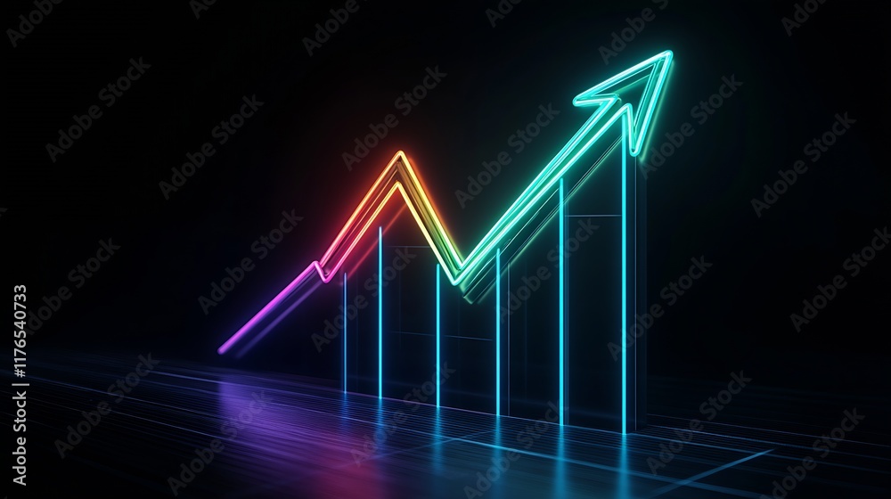 Aufkleber Vibrant Neon Arrow with Rising Bar Chart Conceptualizing Growth and Success : Generative AI