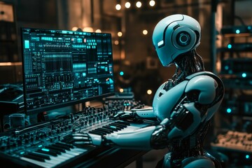 Robot plays keyboard, illuminated screen displays data.