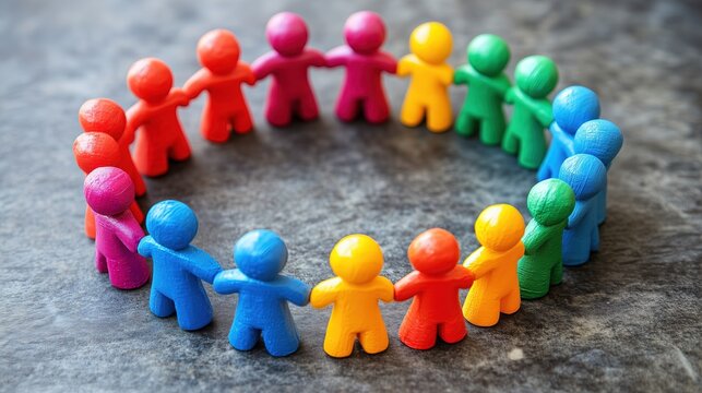 Group support and solidarity. Wooden toy characters standing together forming a ring on a gray background symbolizing community and unity
