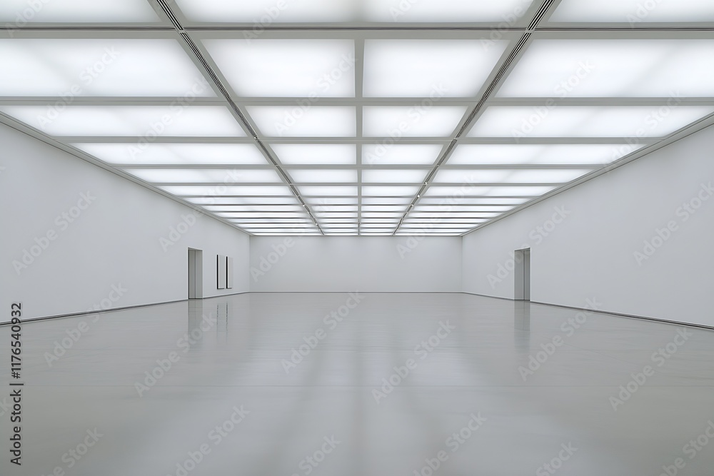 Poster Minimalist empty exhibition hall with modern grid ceiling and open doorways : Generative AI
