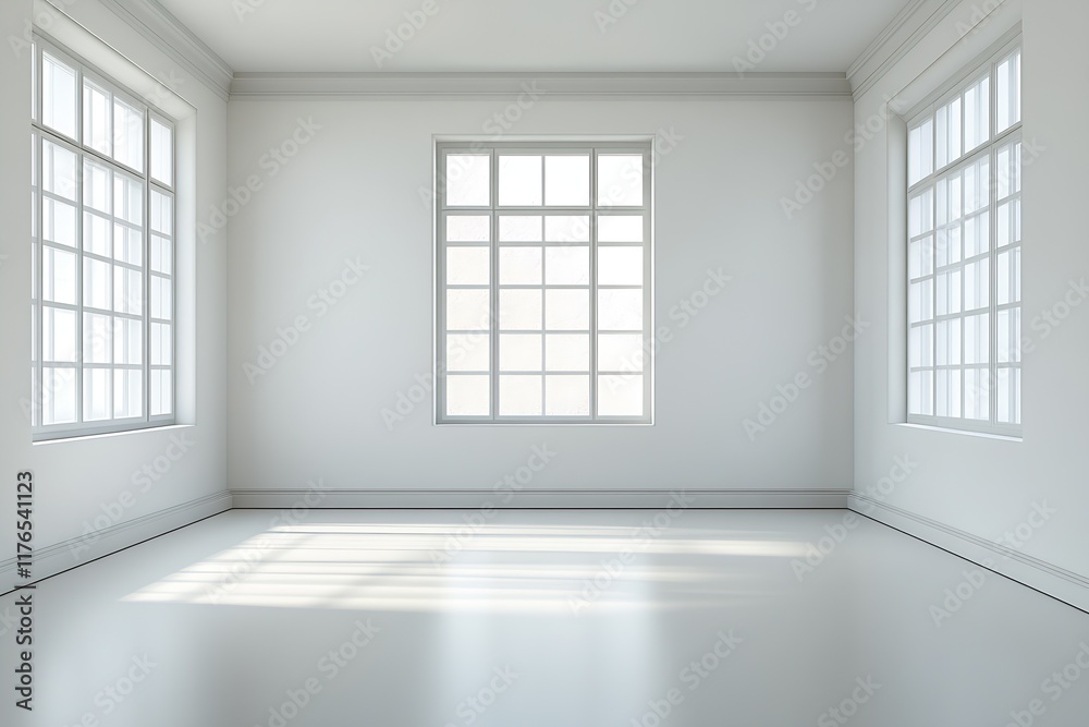 Poster Spacious minimalist bright white empty room with large windows and natural light : Generative AI