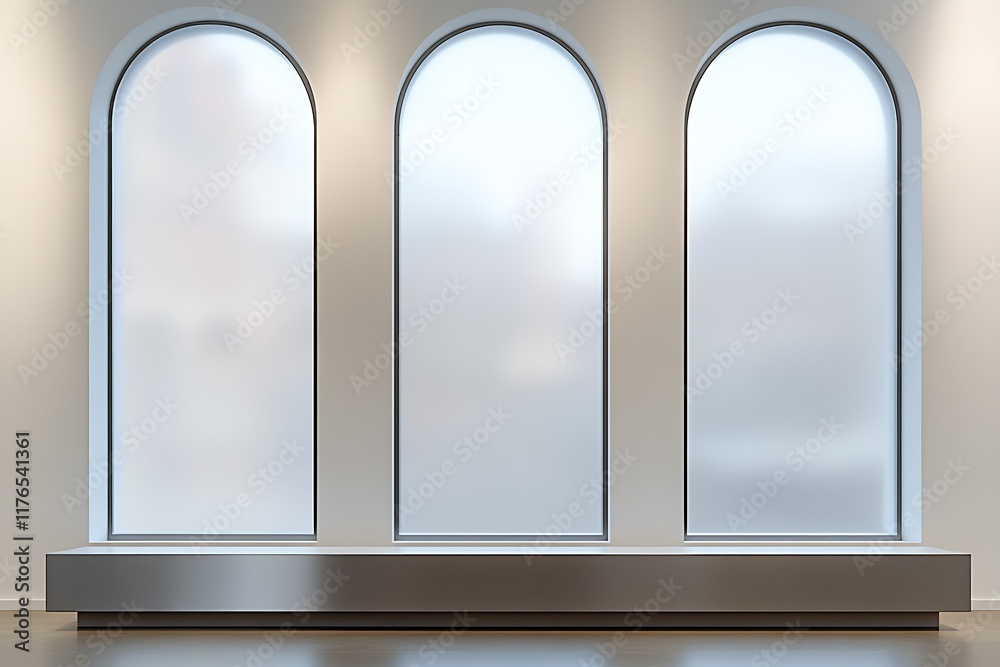 Poster modern interior with large arched windows natural light and sleek minimalist design : generative ai