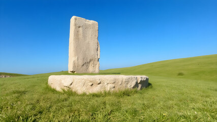 Stone podium in green grassland with blue sky background.